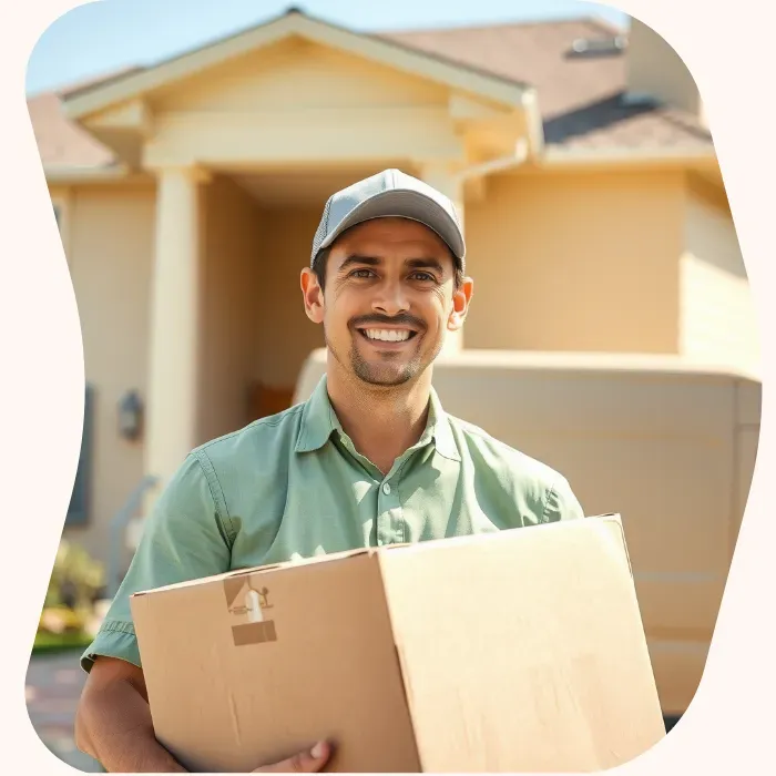 Two removalists moving boxes up stairs