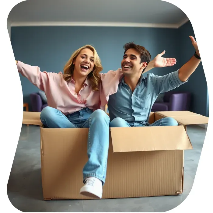 Two guys sitting on the floor of their apartment with Muval moving boxes